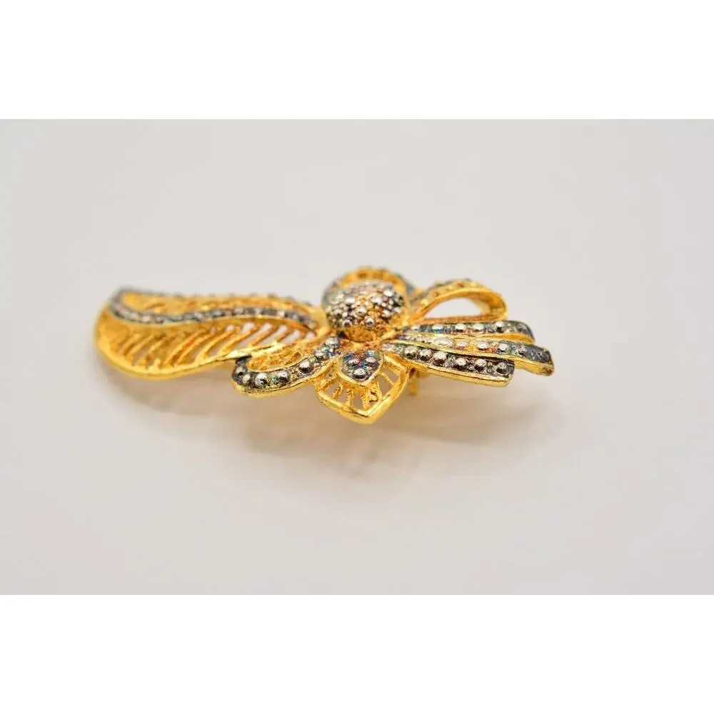 Vintage Flower Bow Pin Brooch Gold Silver Tone Antiqued Gunmetal Chunky 1980s 9B